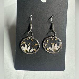 Handcrafted Silver Resin Floral Drop Earrings in Black and Gold